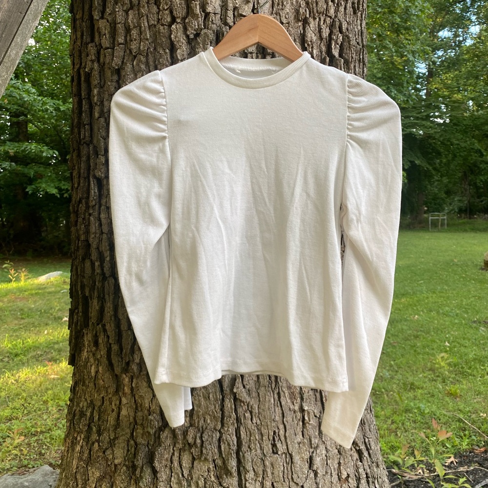 white ribbed long sleeve with accented shoulders